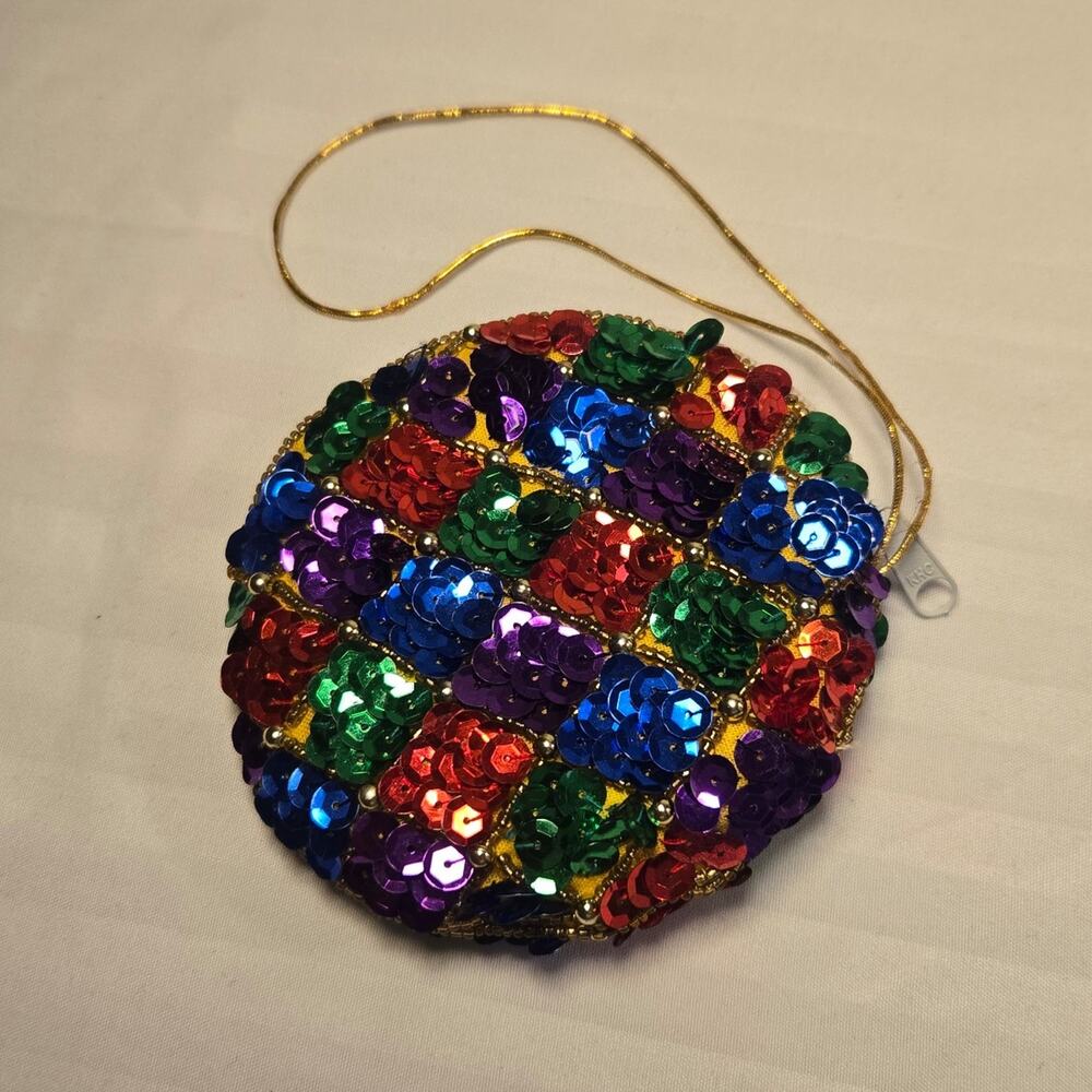Vintage Harlequin Sequin Coin Purse Christmas Ornament Multi Color Beaded Pouch